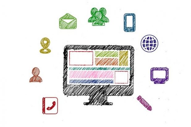 A pastel-like drawing of a screen surrounded by communication-related icons.