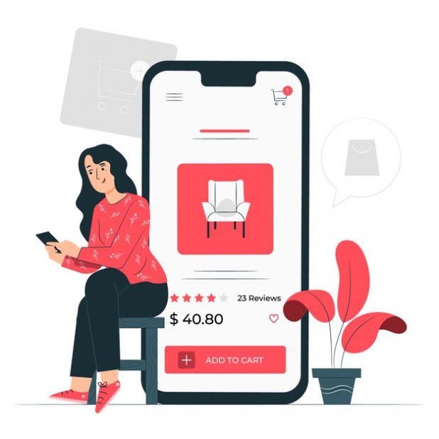 graphic design displaying a woman purchasing furniture on her smartphone