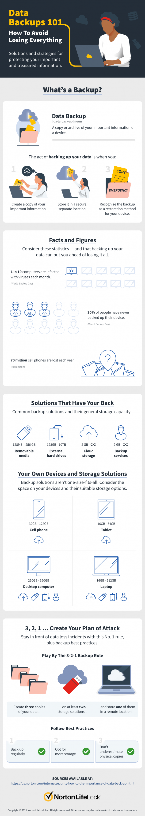 An infographic summing up data backup solutions and storage options, plus data loss statistics