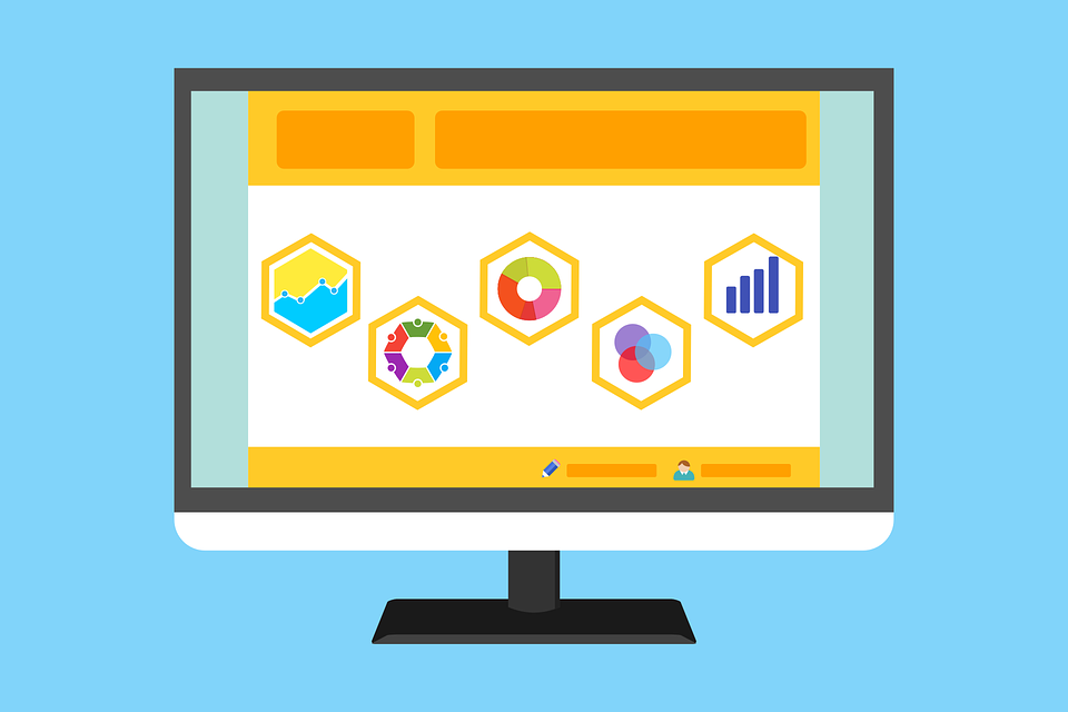 A vector image of a computer screen displaying graphs and pie charts.