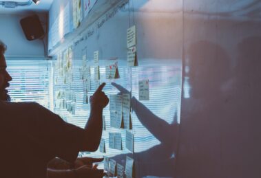 People creating a strategy on a whiteboard